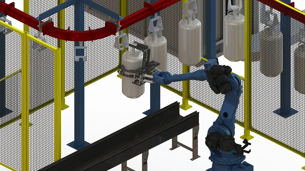loading parts onto overhead conveyor for a paint and finishing process