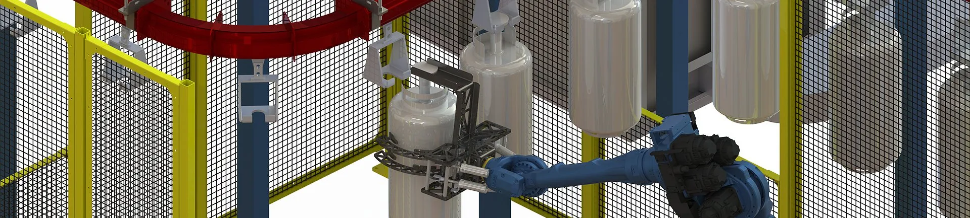 robotic-part-loading-onto-monorail-conveyors Robotic parts loading and unloading onto an overhead conveyor